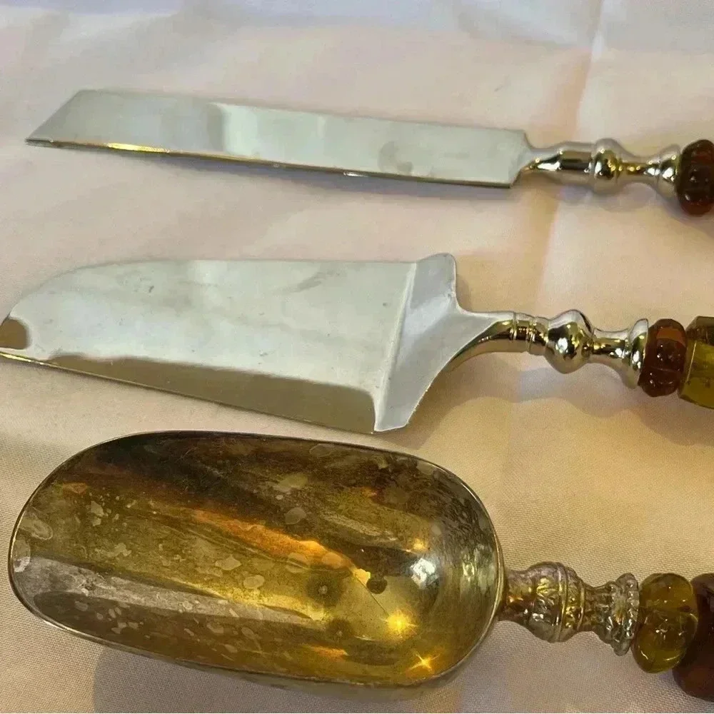 Vintage 1970s Silver Plated Green and Amber Beaded Party Serveware Set of 8